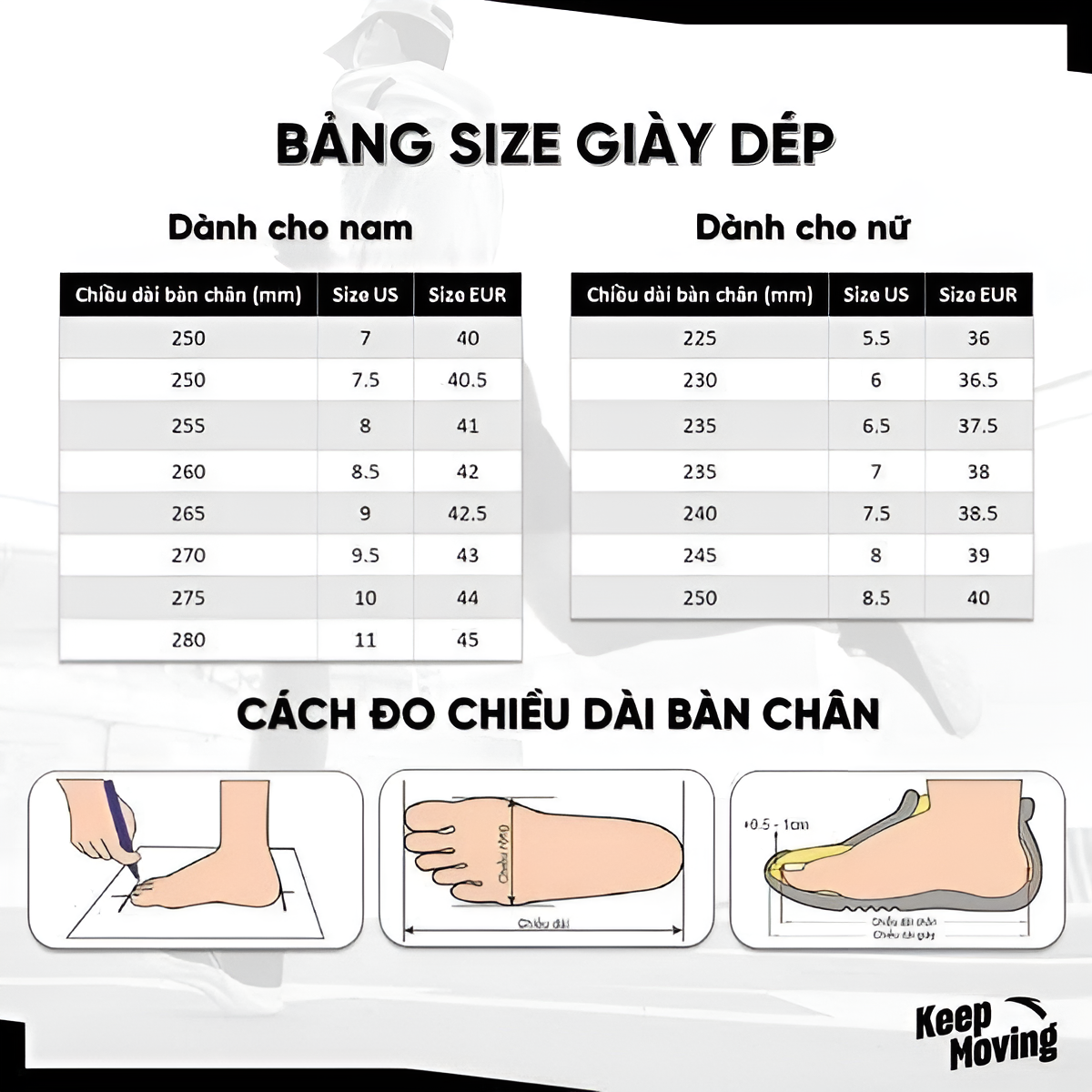 Chọn theo size giày thể thao thông thường