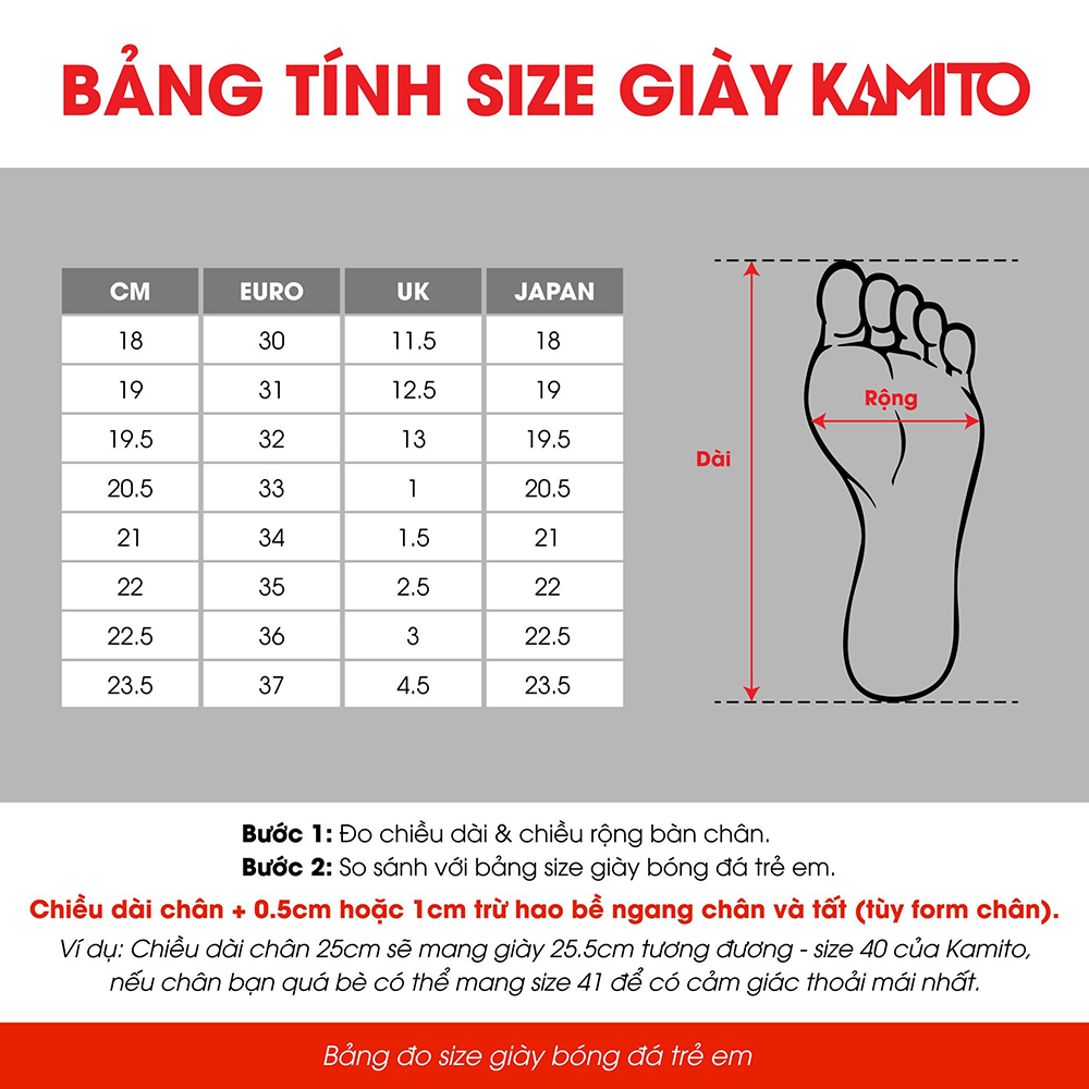 Hướng dẫn chọn size giày bóng đá Kamito