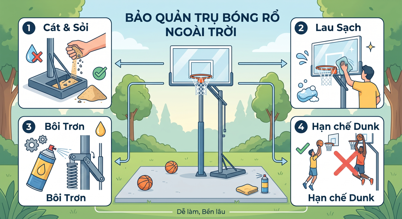 Hướng dẫn bảo quản trụ bóng rổ ngoài trời luôn bền đẹp