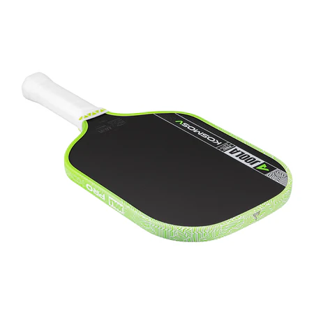 White background, product image of the JOOLA Kosmos Pro V pickleball paddle with white handle and green edge guard.