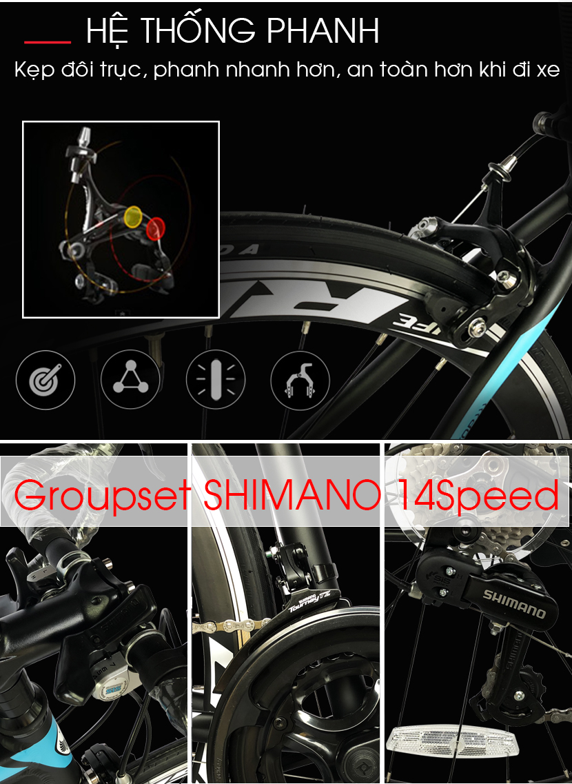 Hệ thống phanh vành kiểm soát tốc độ, mạnh mẽ dẫn đầu với bộ truyền động SHIMANO