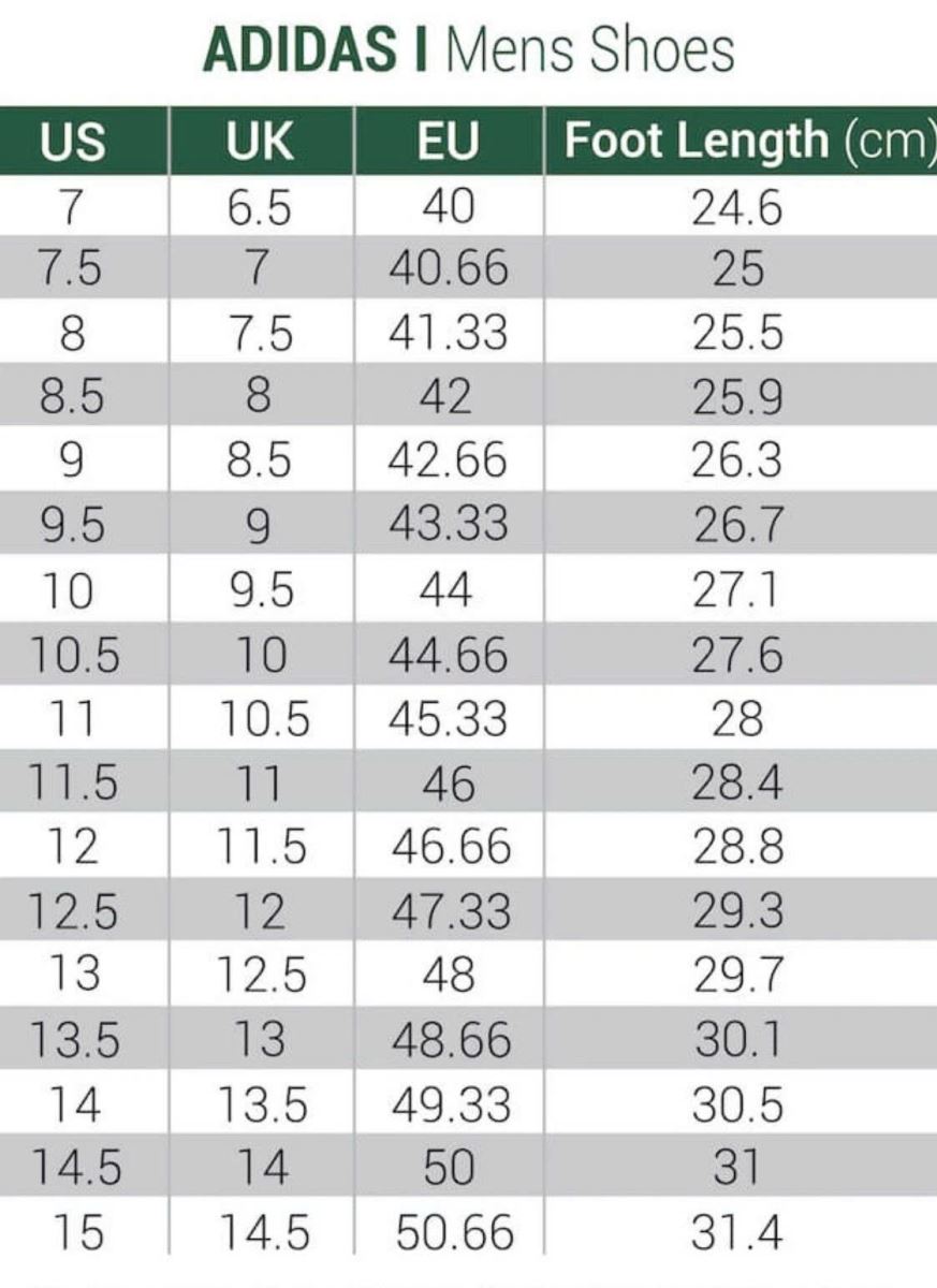 Bảng size giày bóng đá Adidas (Form dễ chịu, true size)