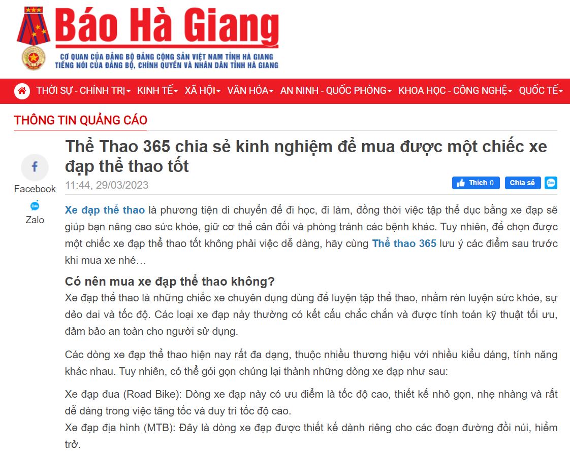 Báo Hà Giang nói về Thể thao 365