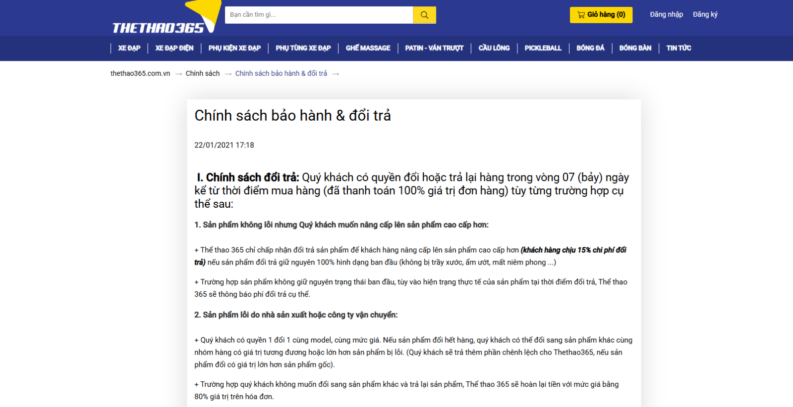Chính sách Đổi trả & Bảo hành – Thể Thao 365